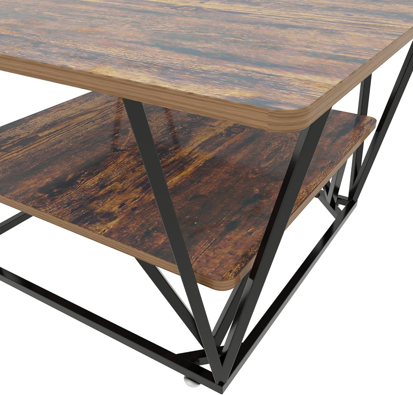 Elephance Square Coffee Table for Living Room, Modern 31.5" Two-Tier Caramel Brown Table with Wooden Top-Almond and Black Frame