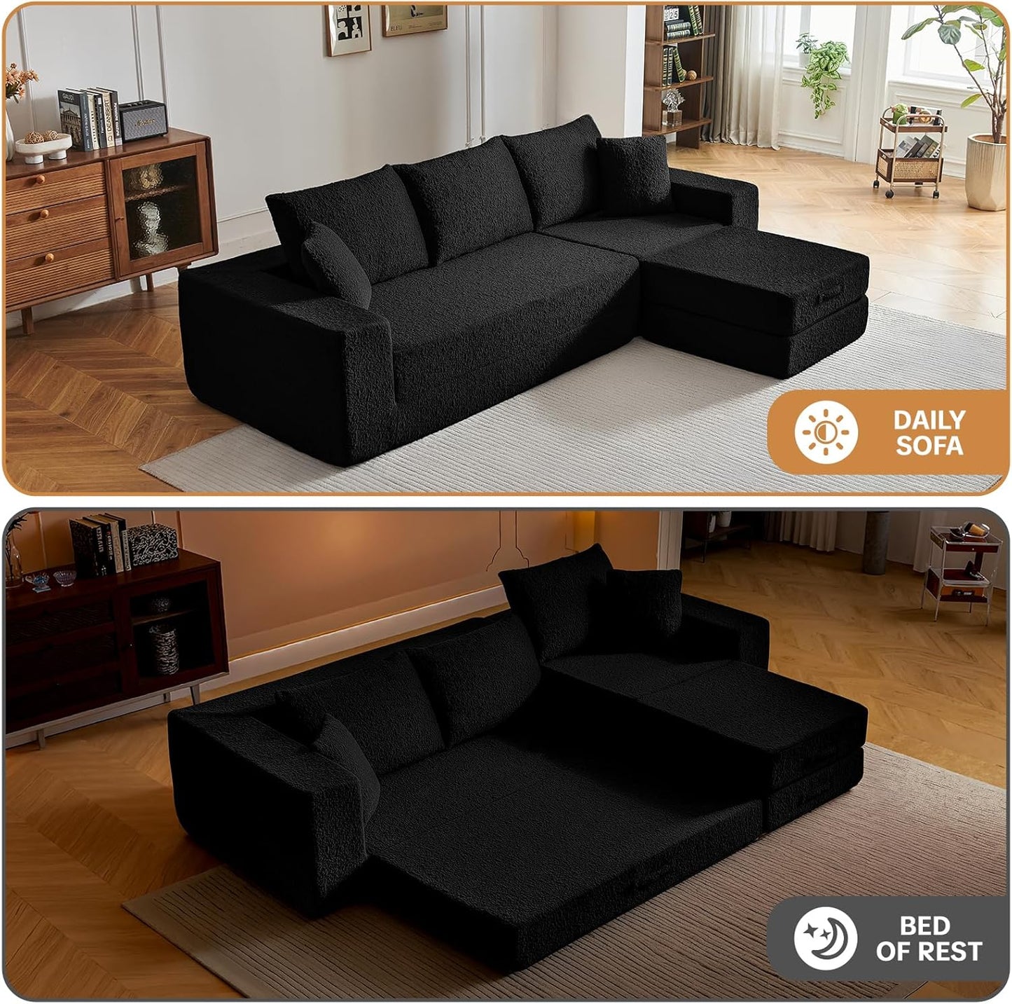 108" Modular Sectional Cloud Sofa - Boneless Couch with Deep Seat, Non Slip Base, Folding Sofa Sectional Couches for Living Room, Cozy Modular Couch with L-Shape Chaise, No Assembly Required, Black
