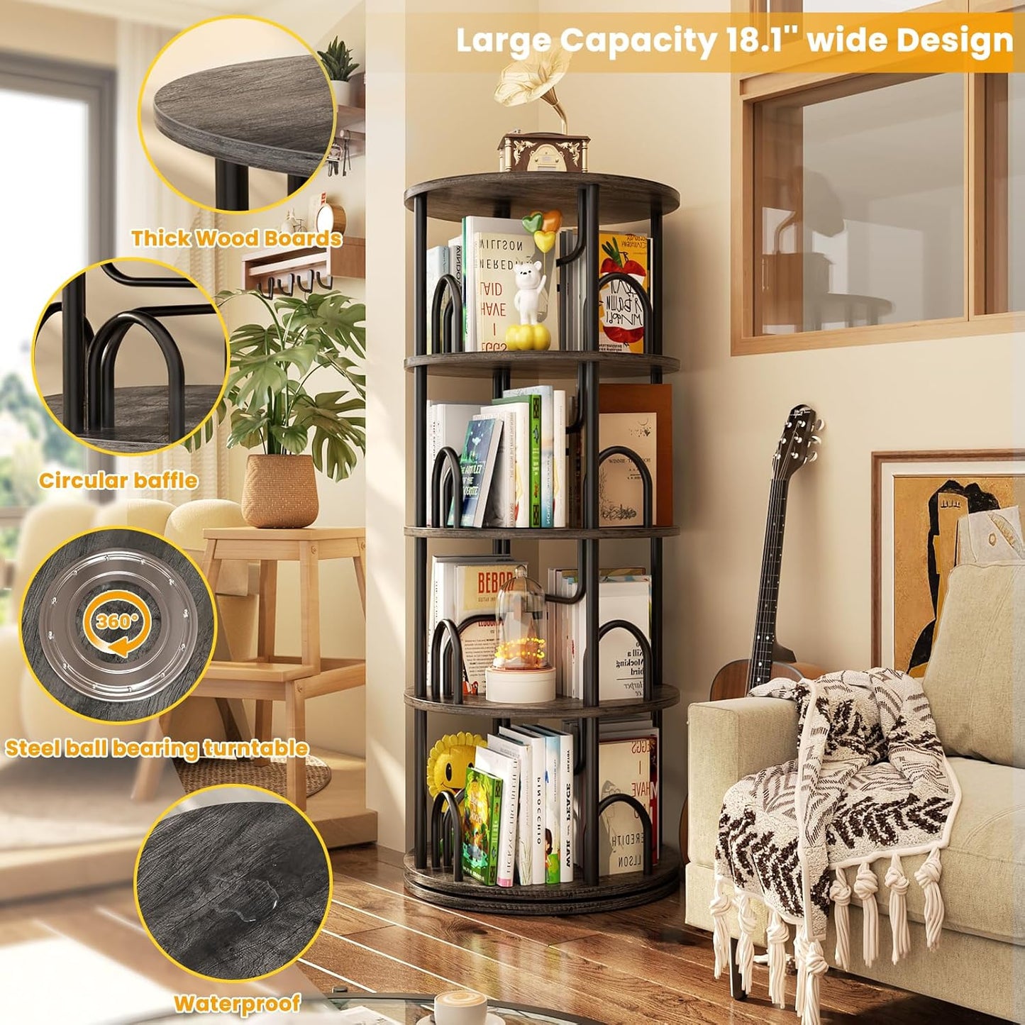 Aheaplus 4 Tier Rotating Bookshelf Tower, 360 Display Spinning Bookcase, Revolving Round Book Shelf Narrow Swivel Bookshelf, Vertical Turning Corner Book Organizer for Small Space, Black Oak