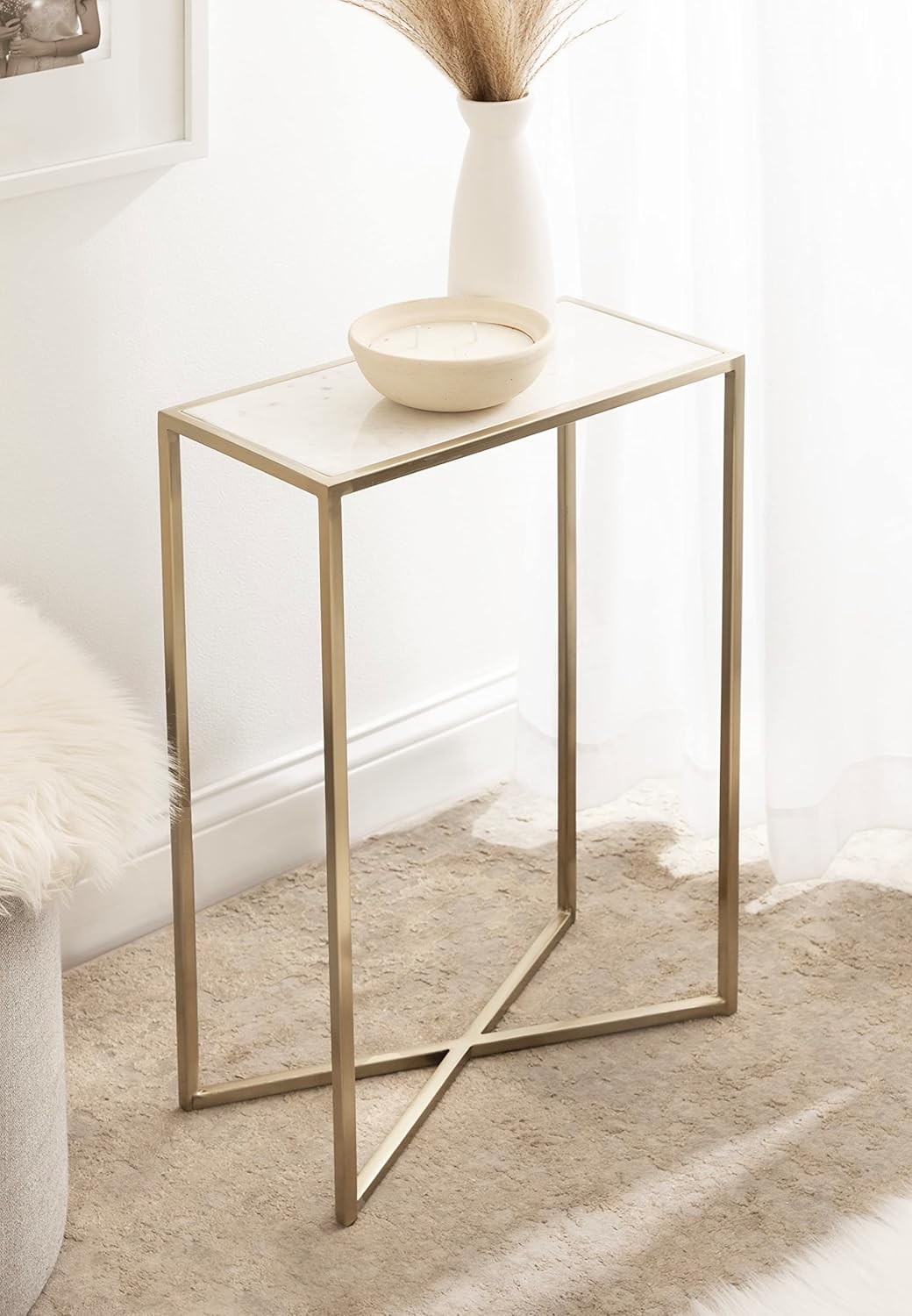 Kate and Laurel Jaspur Modern Slim Side Table, 16 x 8 x 24, White Marble and Gold, Decorative Glam Narrow End Table for Use as Narrow Bedroom Nightstand or Living Room Accent