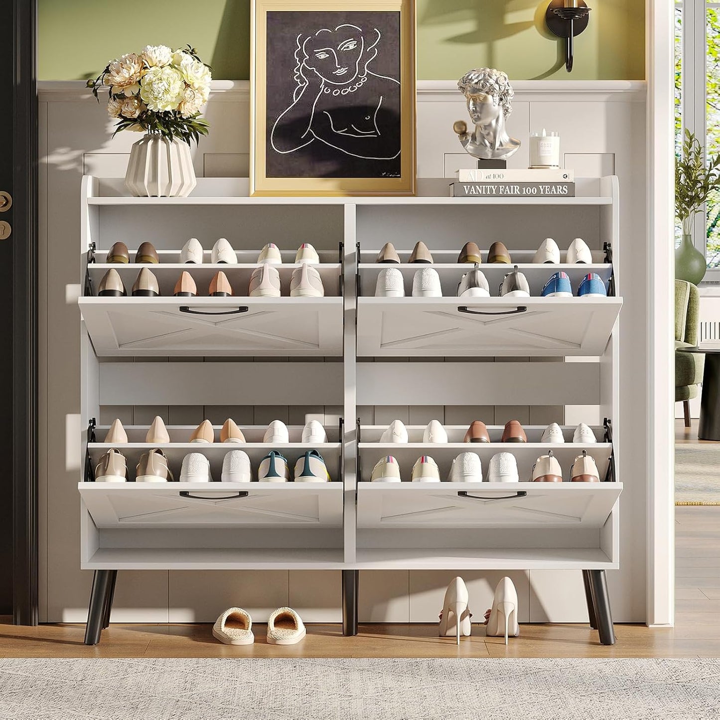 Maupvit Large Shoe Storage Cabinet with 4 Flip Drawers, Narrow Shoe Cabinet for Entryway with Wooden Legs, Freestanding Hidden Shoe Rack Organizer ＆ Metal Hinges, White