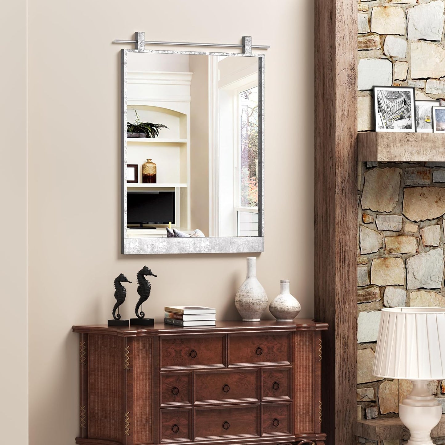 16x24 Inch Rectangle Bathroom Vanity Mirror for Wall Mounted Over Sink Farmhouse Rustic Frame Barn Door Mirrors Silver Foyer Entryway Decor