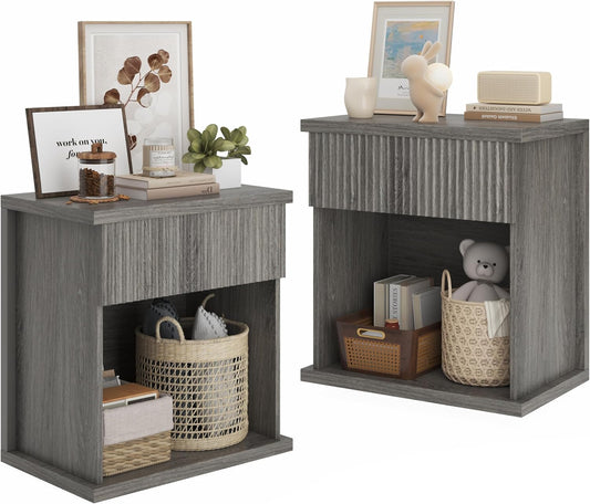 Fluted Nightstand Set of 2, 22.8" Wide Nightstands with Drawer Storage Large Wood BedsideTable Night Stands for Bedroom, Grey Oak