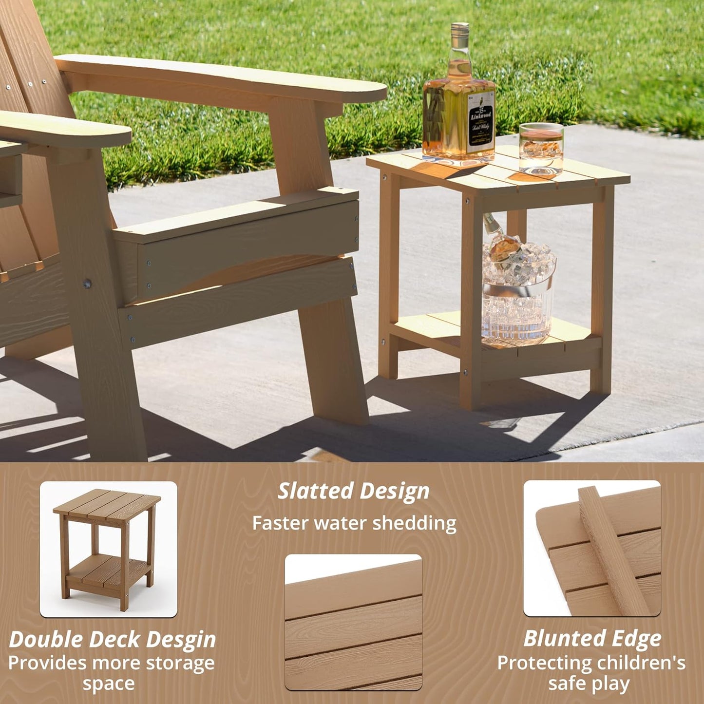 LUE BONA Adirondack Outdoor Side Table, 2-Tier Brown HDPS Patio End Table Weather Resistant, Morden Side Table for Patio, Pool, Porch