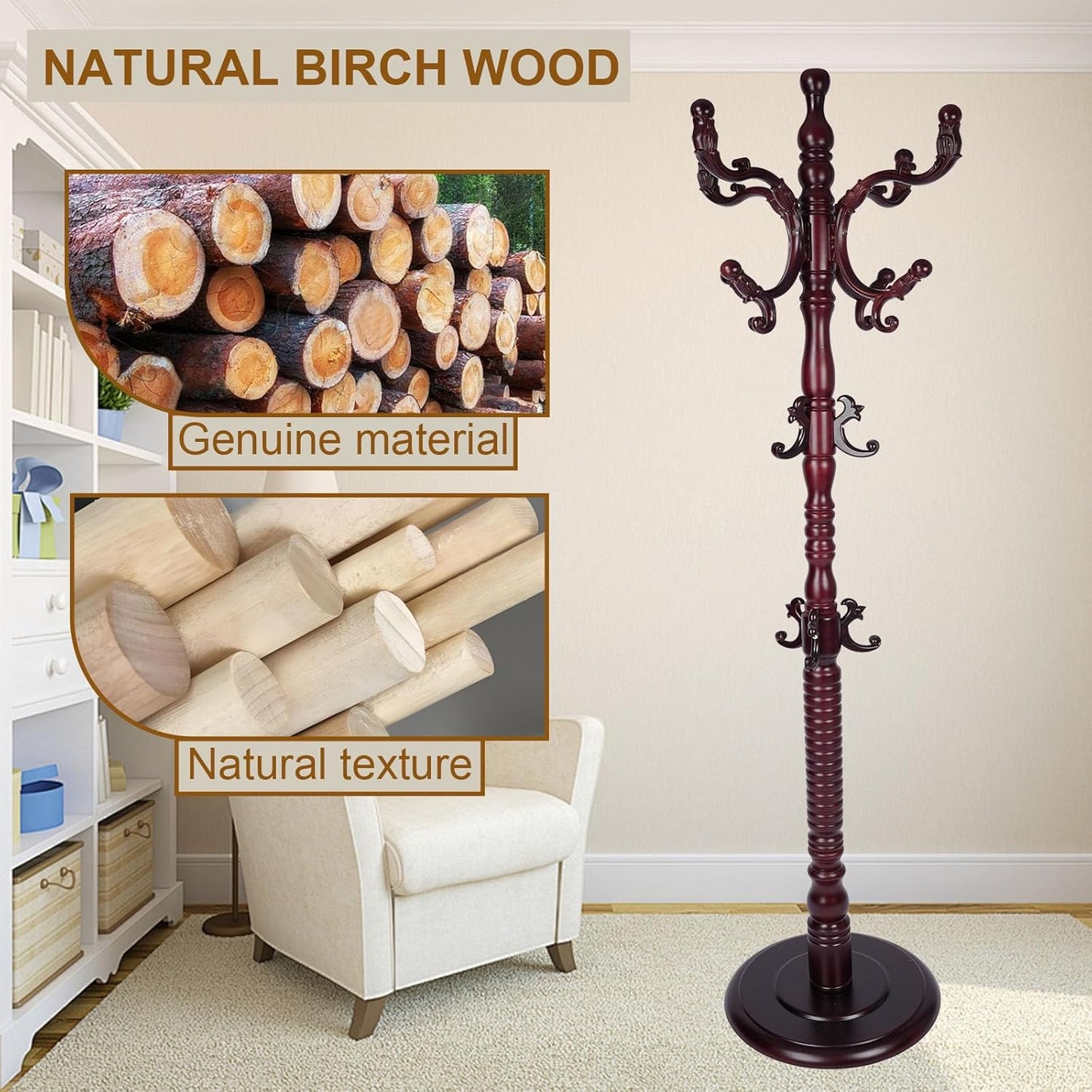 Coat Rack Freestanding with 18 Hooks, Wooden Standing Coat Racks for Entryway, Solid Wood Clothes Hanger Rack with Sturdy Round Base for Entryway, Hall, Bedroom, Office, Hallway