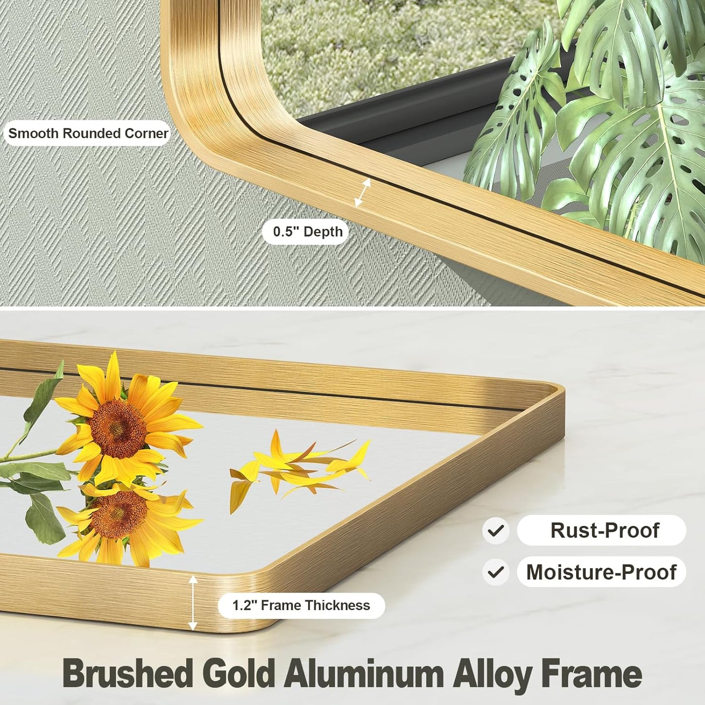 24x32 Inch Gold Framed Bathroom Mirror, Rectangle Brushed Gold Metal Vanity Mirror, Gold Rectangle Mirror for Wall, Rounded Corner, Tempered Glass, Anti-Rust, Shatterproof (Horizontal/Vertical)