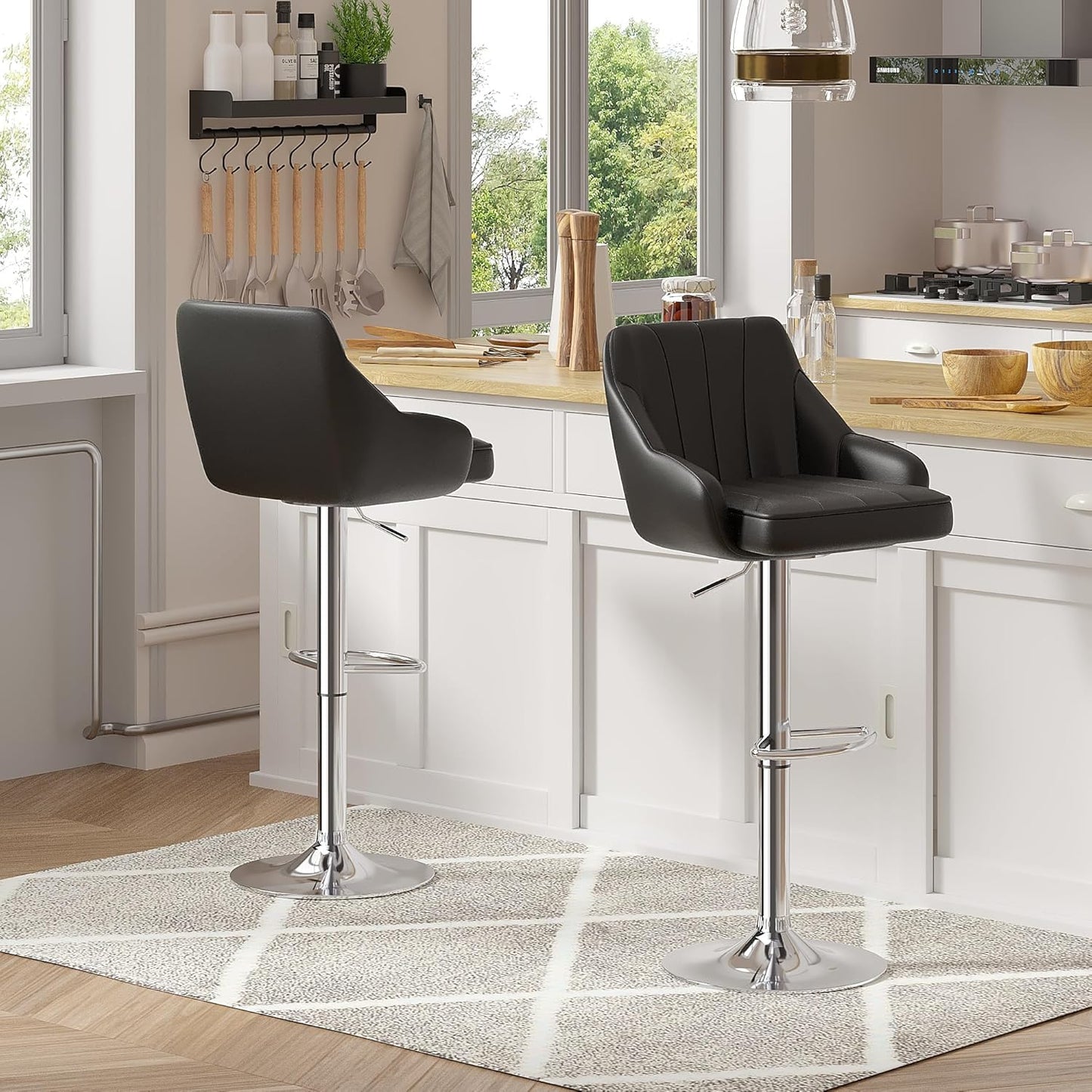 VECELO Bar Stools Set of 2, Adjustable Barstools, Counter Height Stools with Back and Arm, Kitchen Island Stools, Swivel PU Leather Stools, Modern Style, PU Black