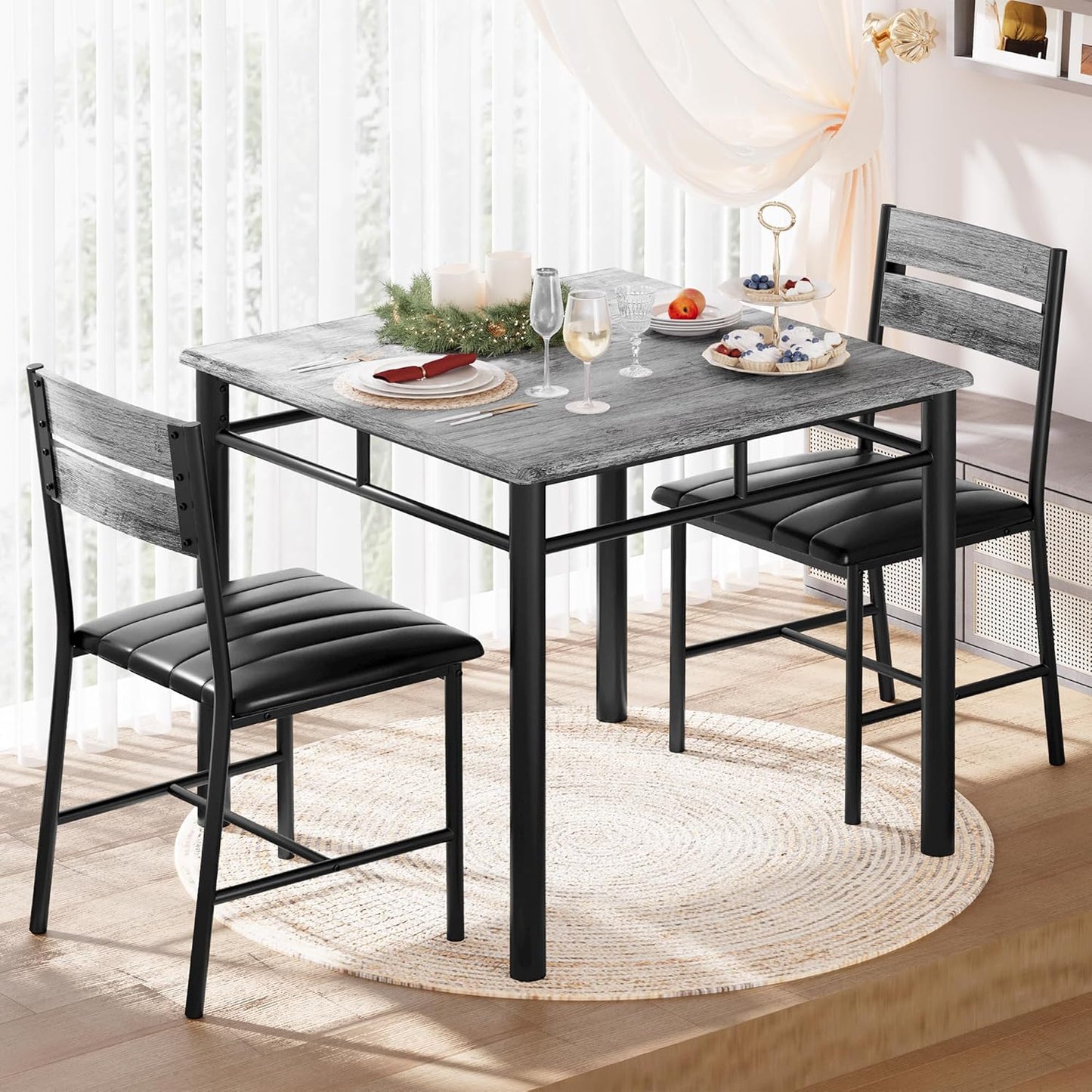 IRONCK Dining Table Set for 2, Small Kitchen Table with Upholstered Chairs for Kitchen & Dining Room, Compact Dining Set for Small Spaces, Gray