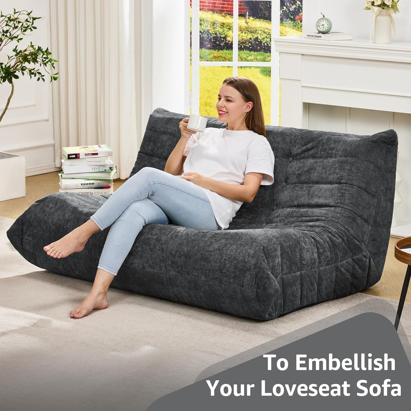 Hobestluk Bean Bag Chair Giant Bean Bag Sofa 2 Seater Bean Bag Chairs for Adults, Loveseat Floor Chair, Bean Bag Chairs for Living Room Bedroom Dorm Office (Darkgrey Chenille, Loveseat)