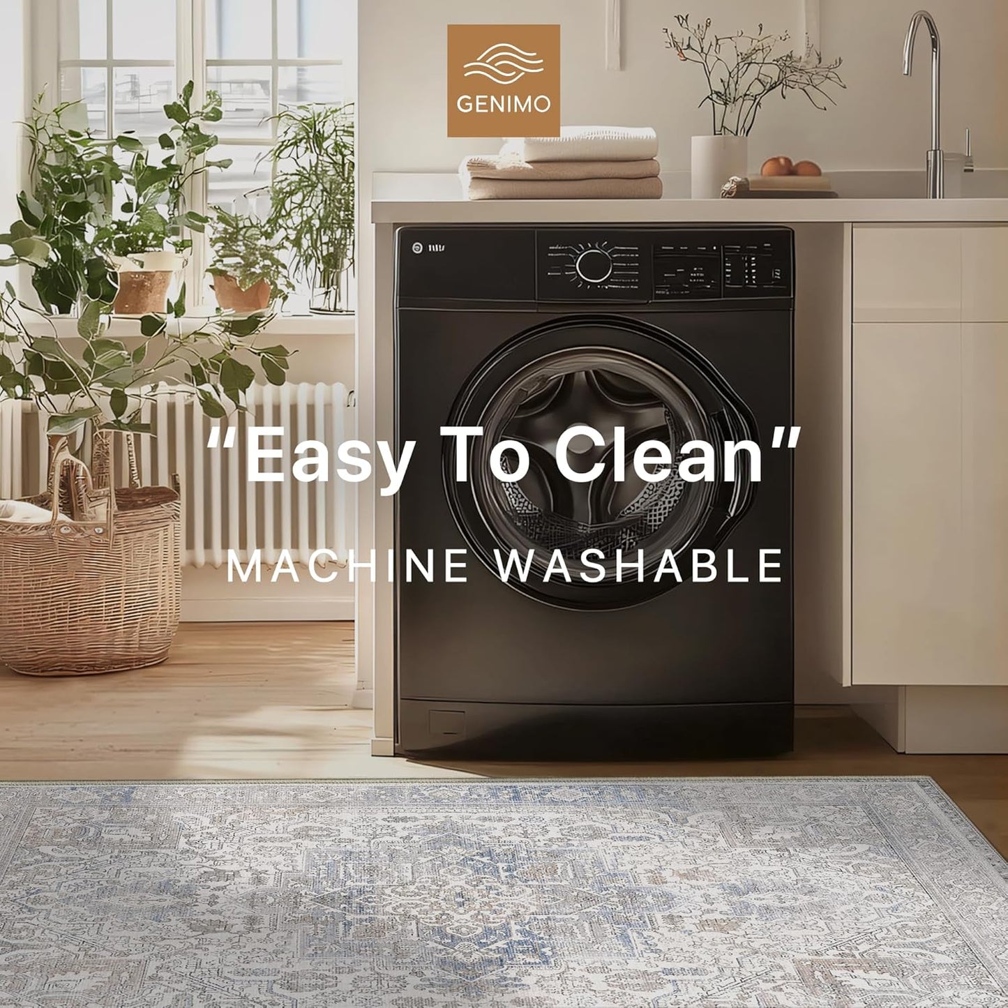 GENIMO 5x8 Area Rugs for Living Room, Machine Washable Low Pile Rugs, Chenille Non Alip Vintage Rug for Bedroom, Dining Room, Home Office, Khaki Blue