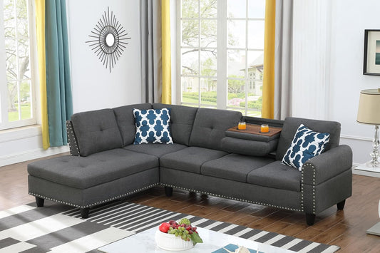 Ball & Cast 98" L Shaped Modular Sectional Couch for Living Room,4 Seat Linen Upholstered Sectional Sofa Set 2 PCS with Chaise,Coffee Table,Cup Holder,Pillows & Nailhead Trim for Home,Office,Dark Gray