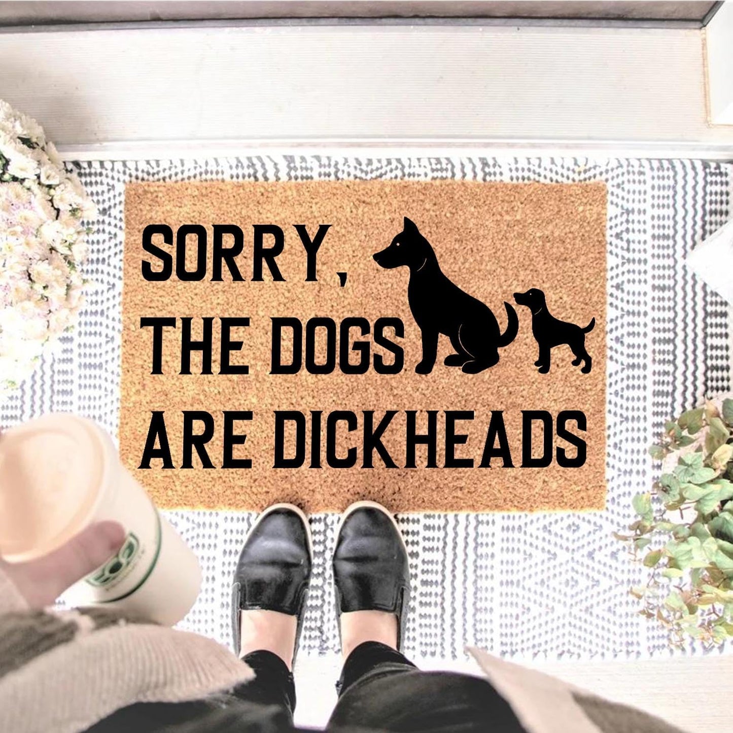 Funny Coir Doormat Sorry The Dogs are Dickheads Front Door Mat Entryway Outdoor Mats with Heavy Duty Front Porch Welcome Mats Coconut Brown House Warming Gift Mat Outdoor Decor Rugs 23.7x15.7 inch