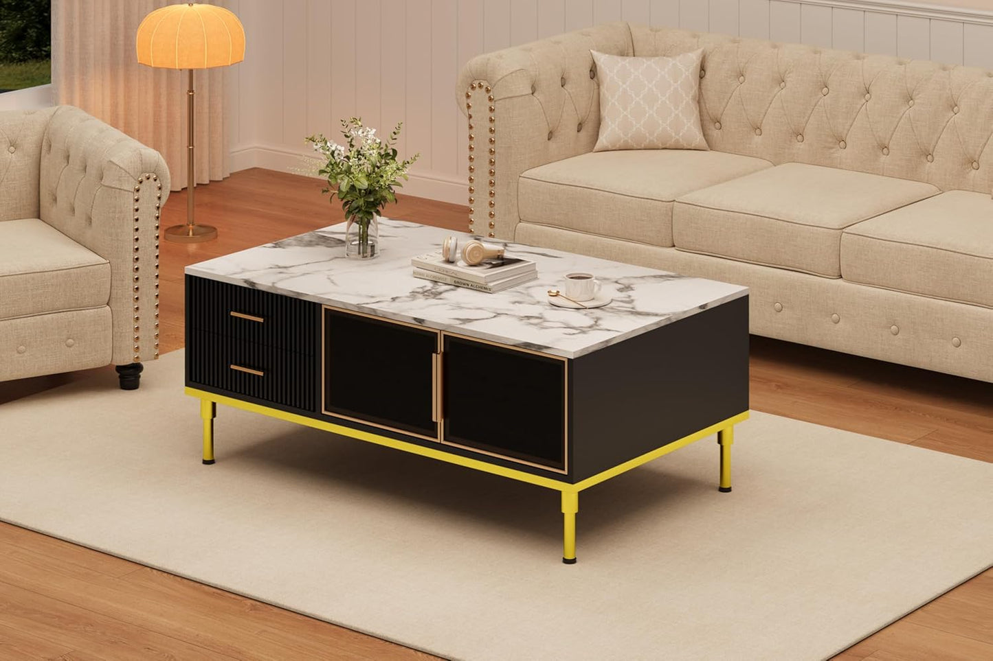 GAOMON Coffee Table for Living Room, Faux Marble Coffee Table with 4 Drawers and Glass Doors Storage, Modern Aesthetic Fluted Panel Design,Black & Gold