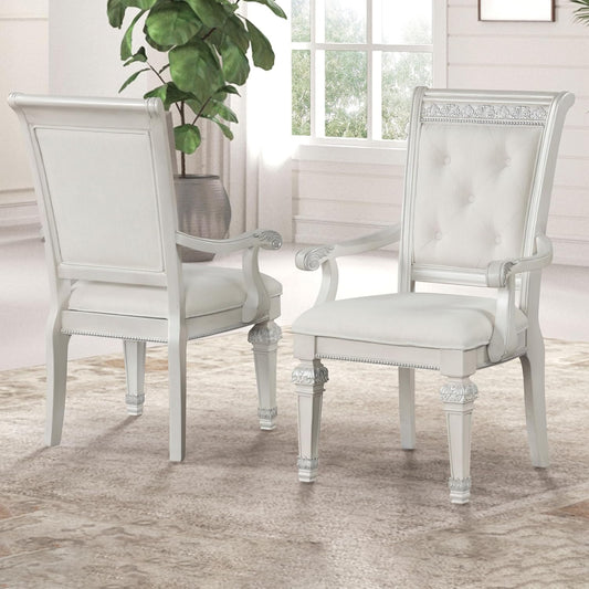 Furniture of America Gelbero Traditional Arm Chairs Set of 2, Comfortable Upholstered Seating with Ornate Corbels and Button Tufting Backrest for Dining Room, Kitchen, and Living Room, Ivory