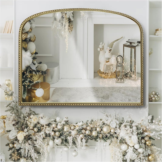 36"X28" Arched Wall Mirror for Fireplace Mantel, Vintage Gold Metal Beaded Accent Mirror, Distortion-Free Glass for Living Room, Entryway, Bathroom, Bedroom Decor