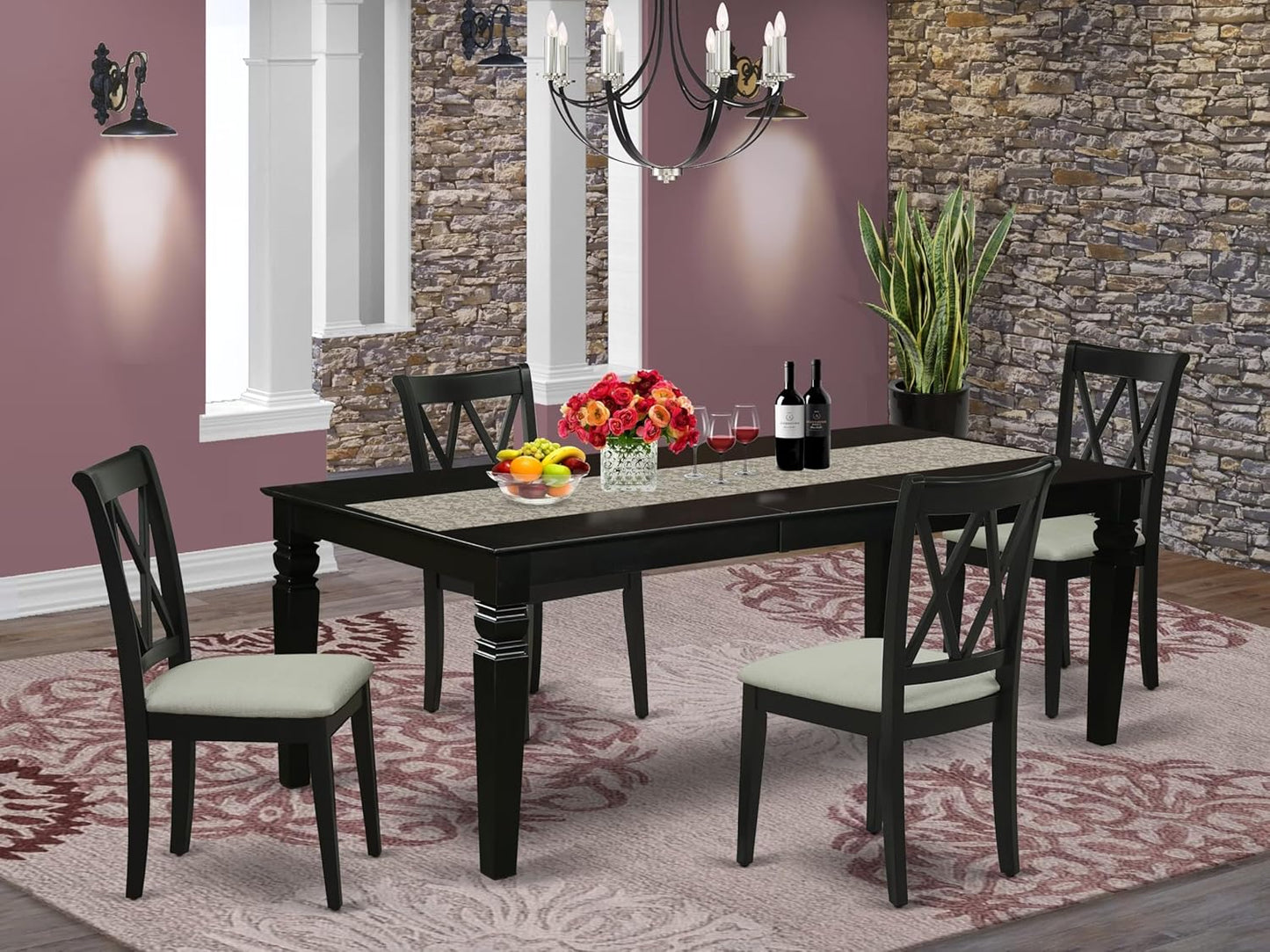 East West Furniture LGCL5-BLK-C 5 Piece Dining Table Set for 4 Includes a Rectangle Kitchen Table with Butterfly Leaf and 4 Linen Fabric Dining Room Chairs, 42x84 Inch, Black