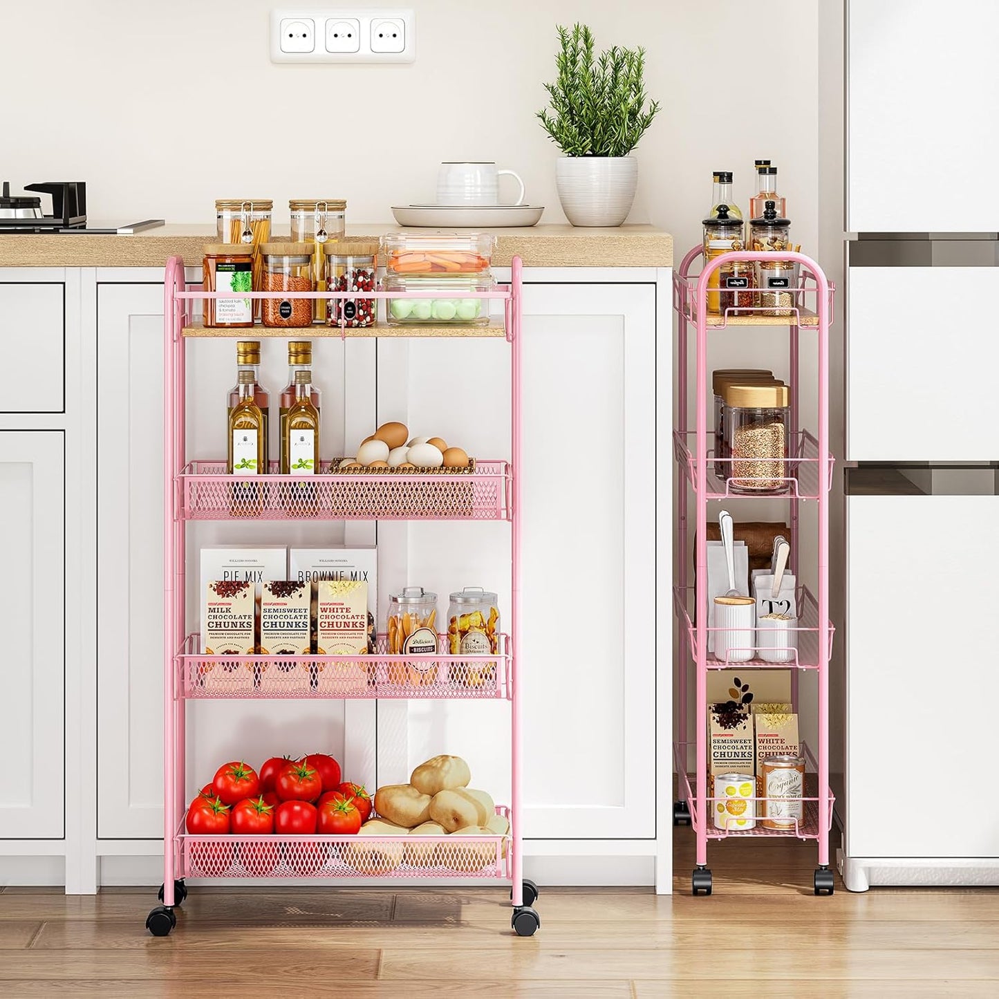 KINGRACK Metal Slim Rolling Cart,4-Tier Metal Utility Cart,Storage Cart with Wooden Tabletop, for Narrow Space on Laundry Bathroom Kitchen Room Bedroom Apartments Dormitory (Pure Pink, Slim)