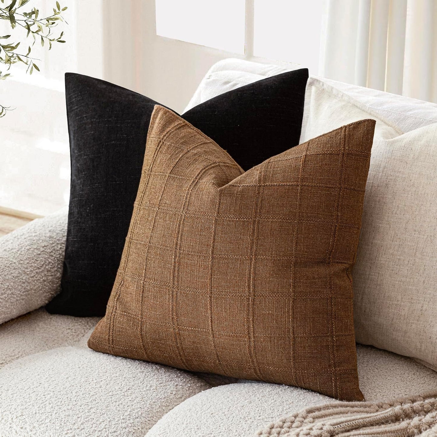 Foindtower Set of 2 Decorative Linen Check Throw Pillow Covers Neutral Farmhouse Vintage Cushion Covers Modern Boho Home Decor for Sofa Chair Couch Bedroom Living Room Outdoor,26×26 Inch,Brown Hazel