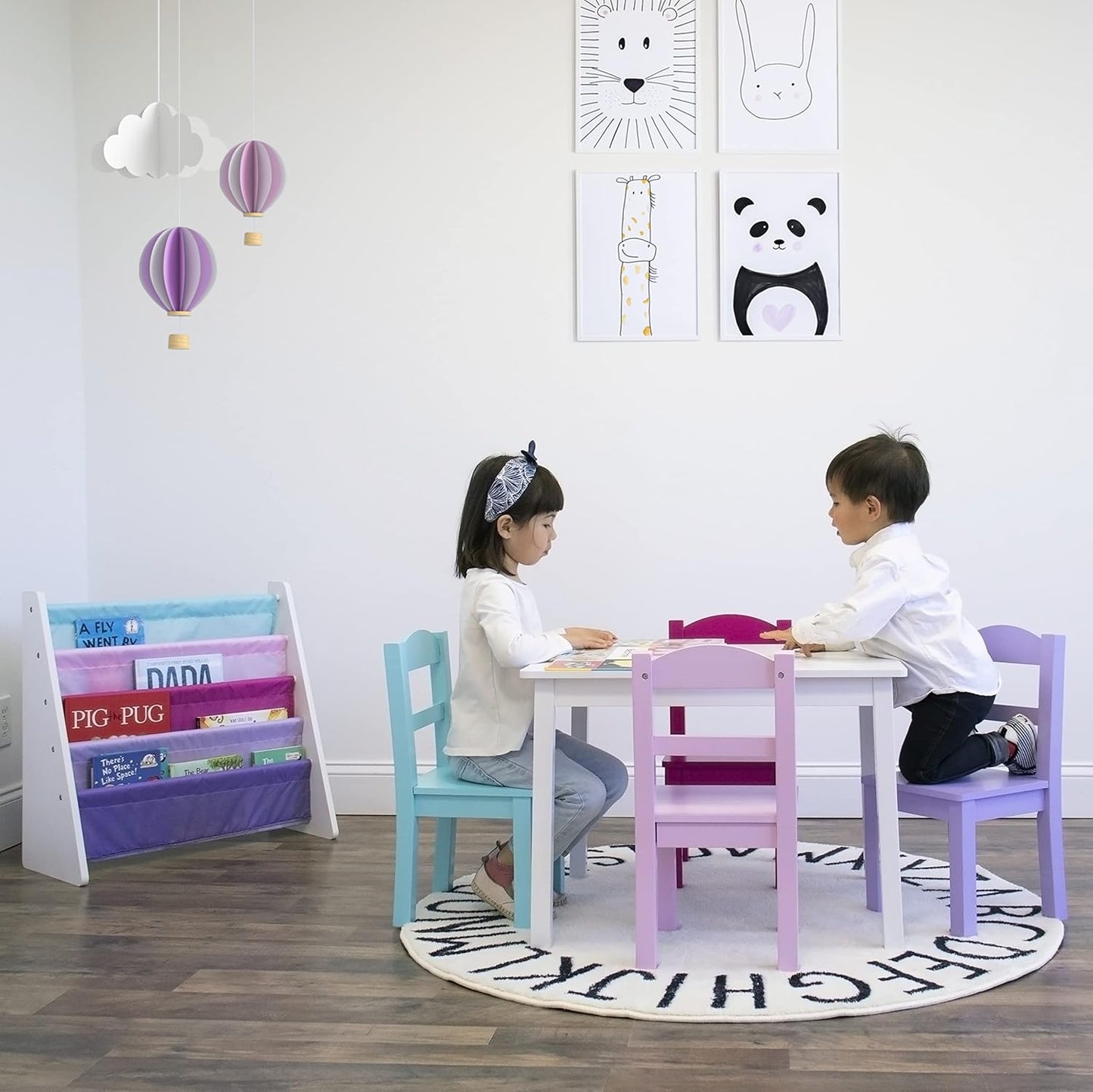 Humble Crew Kids Wooden Table and 4 Chairs Set, White/Pink/Purple/Aqua - Kids Table and Chair Set for Toddlers and Children for Arts, Crafts, and Snack Time - Sturdy, Durable Toddler Activity Table