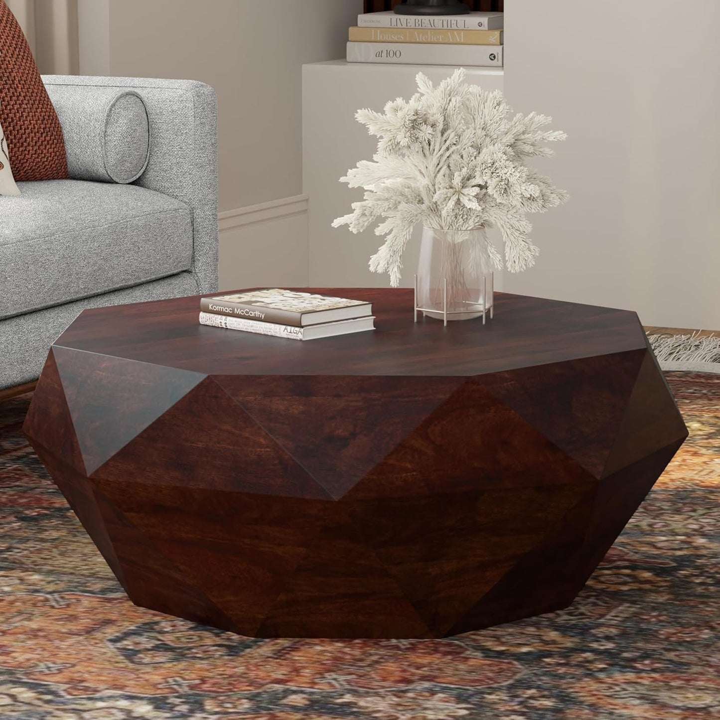 SIMPLIHOME Zayn Coffee Table - 35 inch Wide Solid Acacia Wood Geometric Drum Cocktail Table in Walnut Brown, Modern Living Room Table with Octogon-Shaped Tabletop and Faceted Design, Assembled