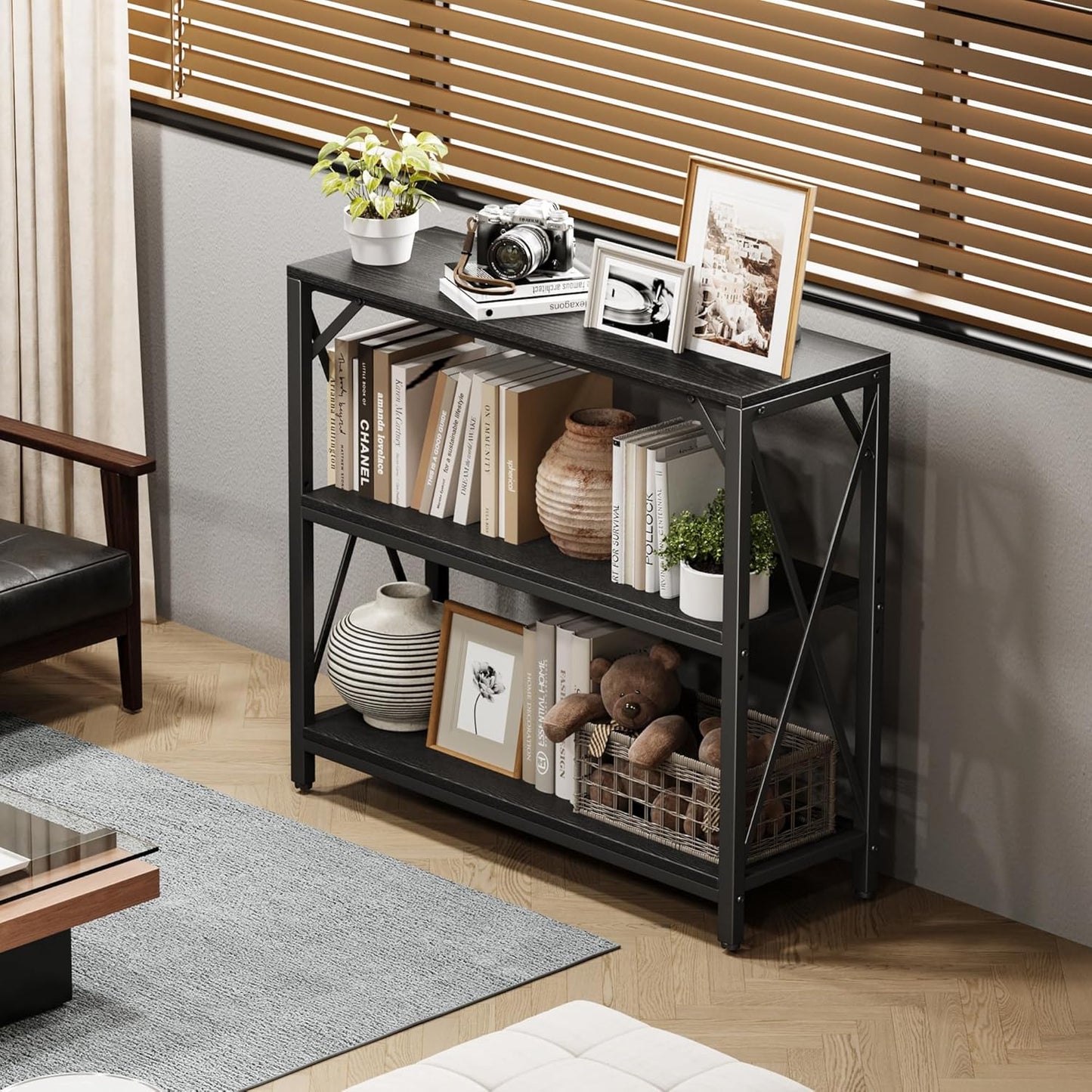 Homeiju Console Table 31.5" Width, 3-Tier Entryway Table with Storage, Industrial Sofa Table with Open Shelves, Foyer Tables for Entryway, Hallway, Kitchen, Living Room and Bedroom, Black