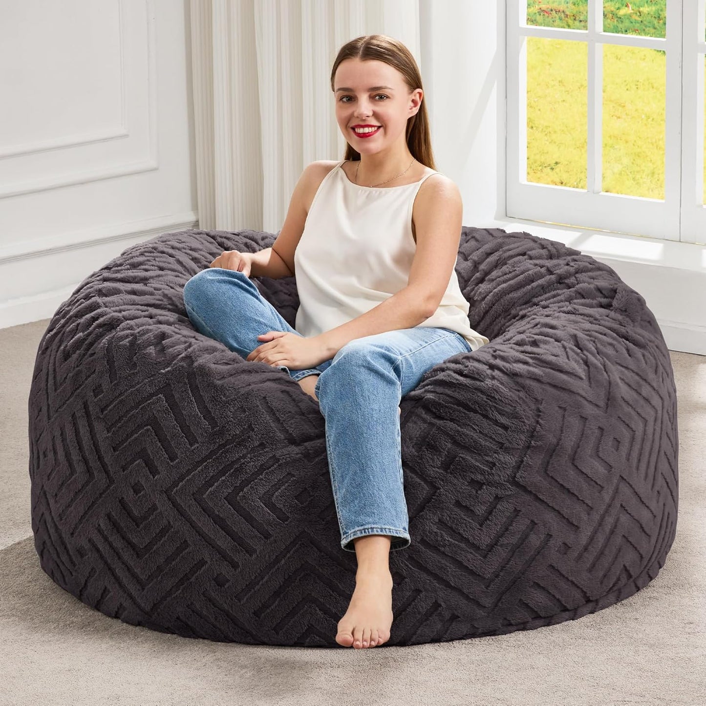 Hobestluk Bean Bag Chairs Adults Beanbag Chair with Filler Large Bean Bags with Fluffy Embossed Cover, Giant Bean Bag Chairs for Adults (Dark Grey, 3FT - 36” x 36” x 22”)