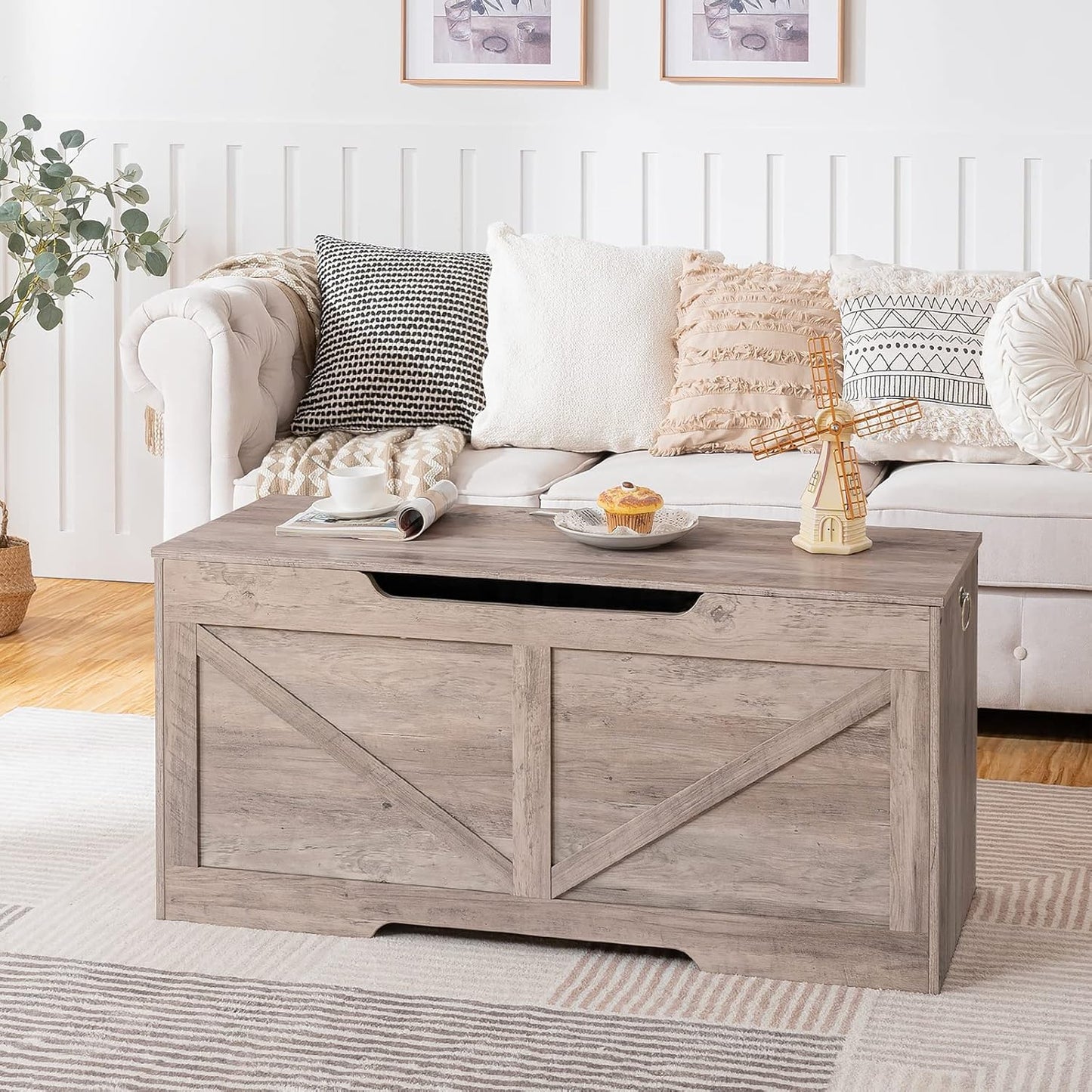 HOOBRO Storage Bench, 43.3” Retro Wooden Storage Chest with U-Shaped Cut-Out Pull, Safety Hinge, Supports 220 lb and Easy Assembly for Toy Box Organizer (Greige) BG772CW01