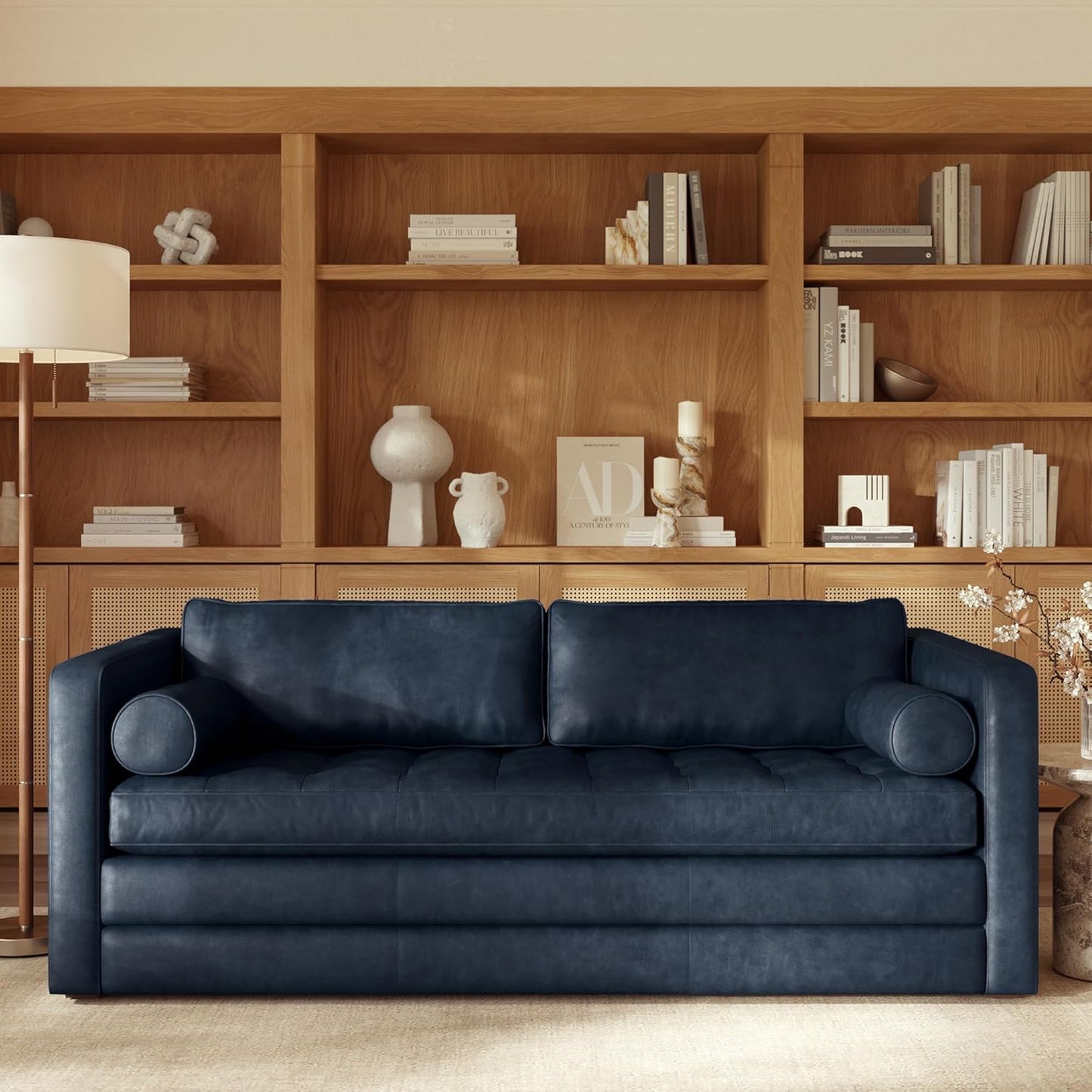 POLY & BARK Napa 82" Leather Pull-Out Convertible Sleeper Sofa in Midnight Blue