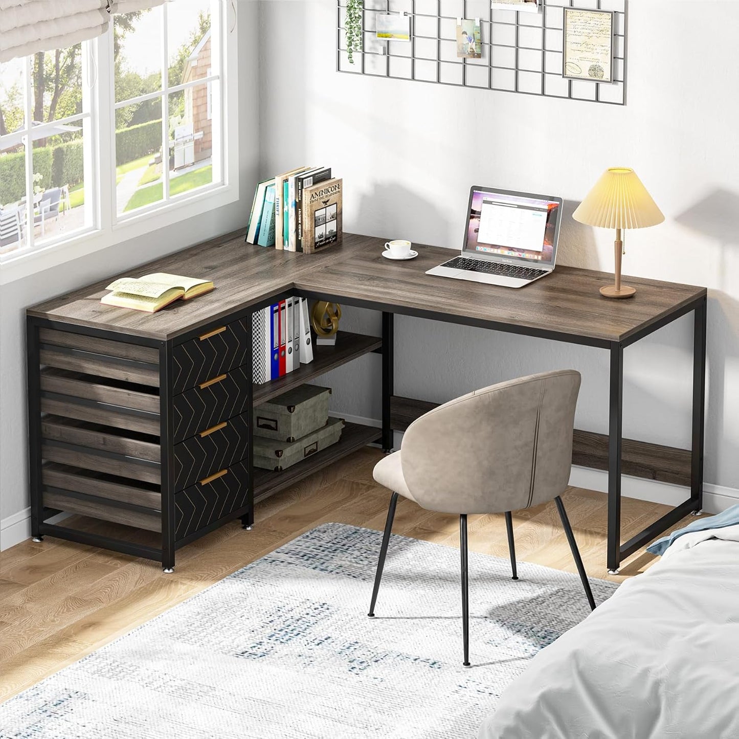 Tribesigns L Shaped Computer Desk with Storage Drawers, 59 inch Corner Desk with Shelves, Reversible L-Shaped Office Desk Writing Table Workstation for Home Office, Grey