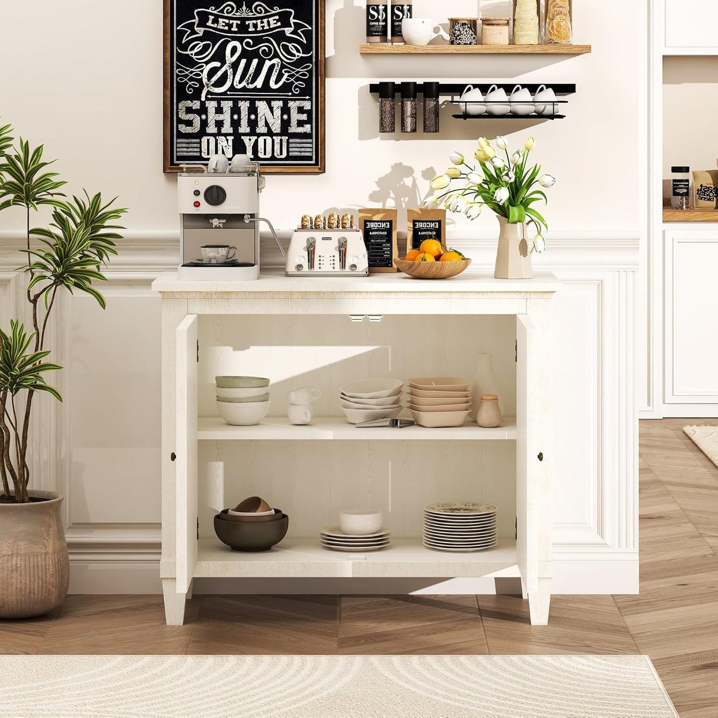 Karlott 40" Entryway Cabinet, Coffee Bar Cabinet with Shelf, Craft Storage Cabinet with Doors, Charming Carved Motif, Pantry Cabinet Sideboard Buffet for Living Room Kitchen Dining Room Hallway, White