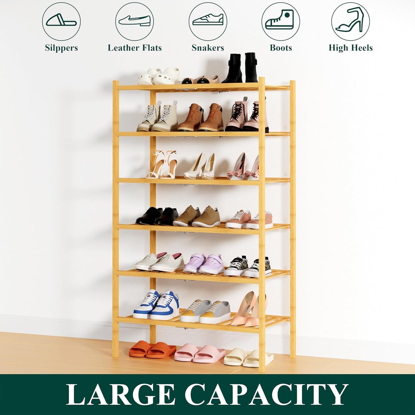 Smiry Shoe Rack, 6 Tier Thick Bamboo Shoe Organizer, Stackable Free Standing Wooden Shoe Storage Shelf for Closet, Entryway, Front Door Entrance, Natural