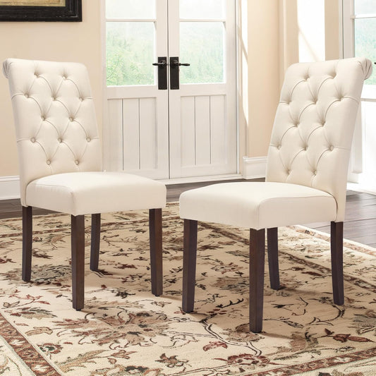 COLAMY Tufted Dining Chairs Set of 2, Accent Parsons Diner Chair Upholstered Fabric Stylish Kitchen Chairs with Solid Wood Legs and Padded Seat, Beige