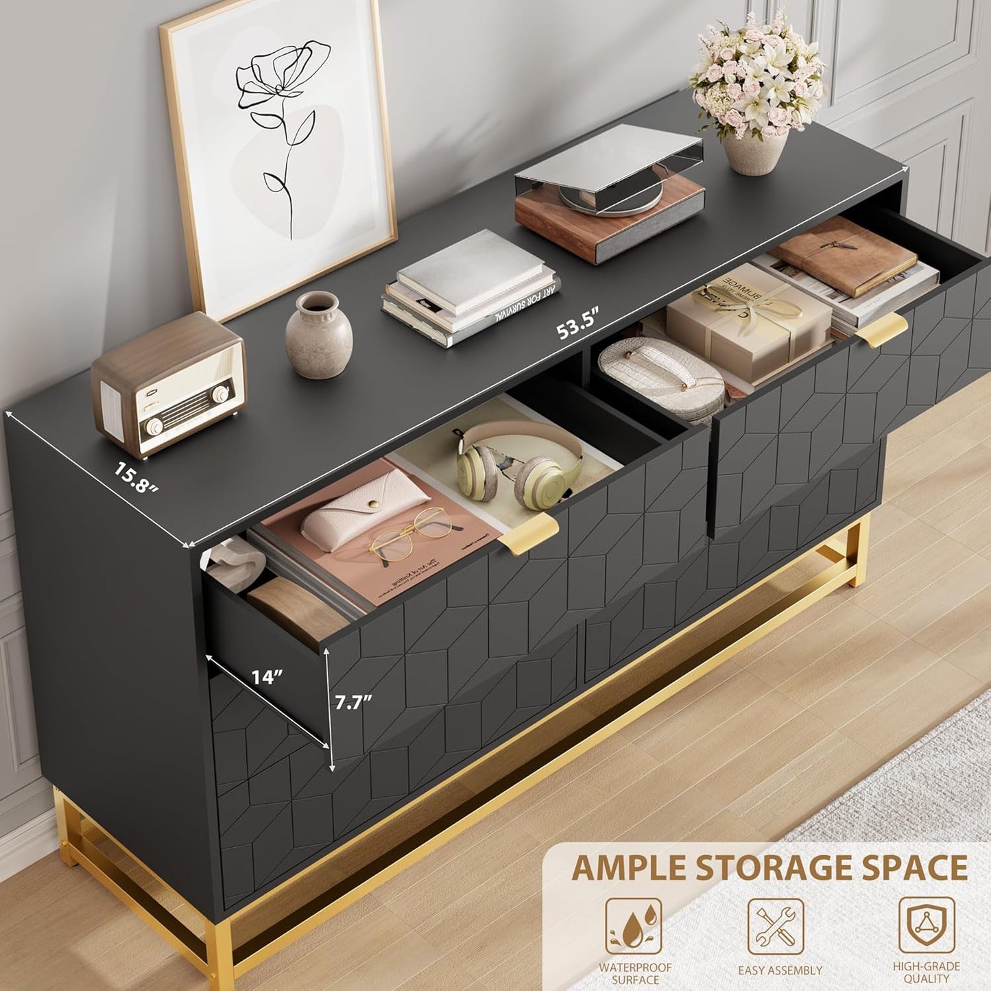 Dresser for Bedroom, 53.5" Large Dresser Organizer, 6 Drawer with Golden Metal Handle and Legs, Modern Chest of Drawers, Black Dressers with Drawers for Closet, Hallway, Living Room, Entryway