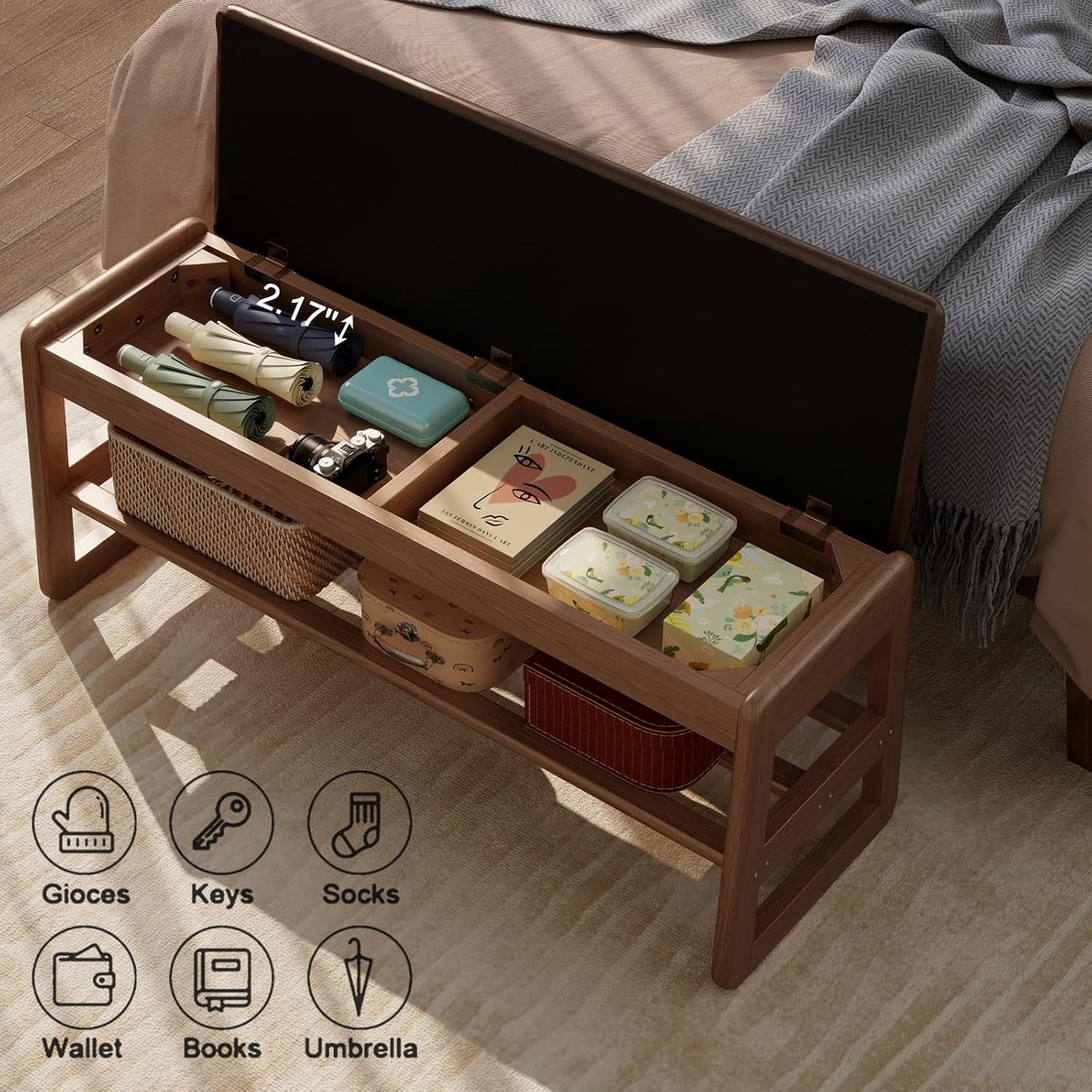 Shoe Rack Bench with Cushion, 2 Tiers Shoe Bench with Flip-Top Storage,Wood Shoe Rack for Entryway,Hallway（Walnut,39.3"）