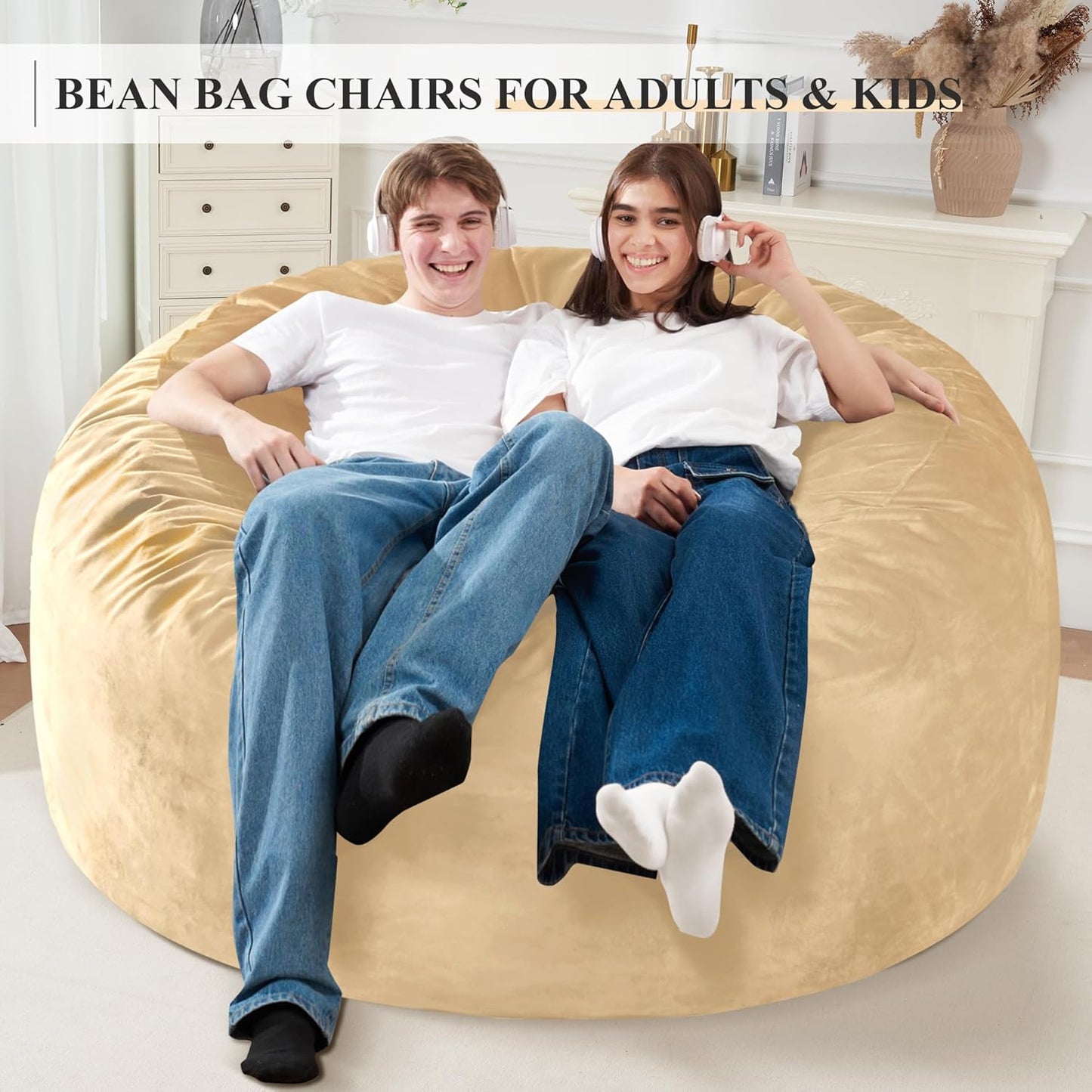 Homguava 5FT Bean Bag Chair Giant BeanBag with Memory Foam Filled, Comfy Bean Bag Chairs for Adults, Adult Bean Bag Chair with Dutch Velvet Cover for Living Room Bedroom-Khaki