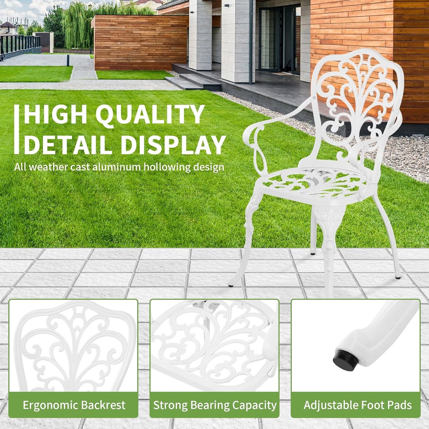 Patio Bistro Set 3 Piece Cast Aluminum Outdoor Bistro Set, Rust Resistance Bistro Table and Chairs of 2 with Umbrella Hole, Small Patio Set for Garden Outside, White