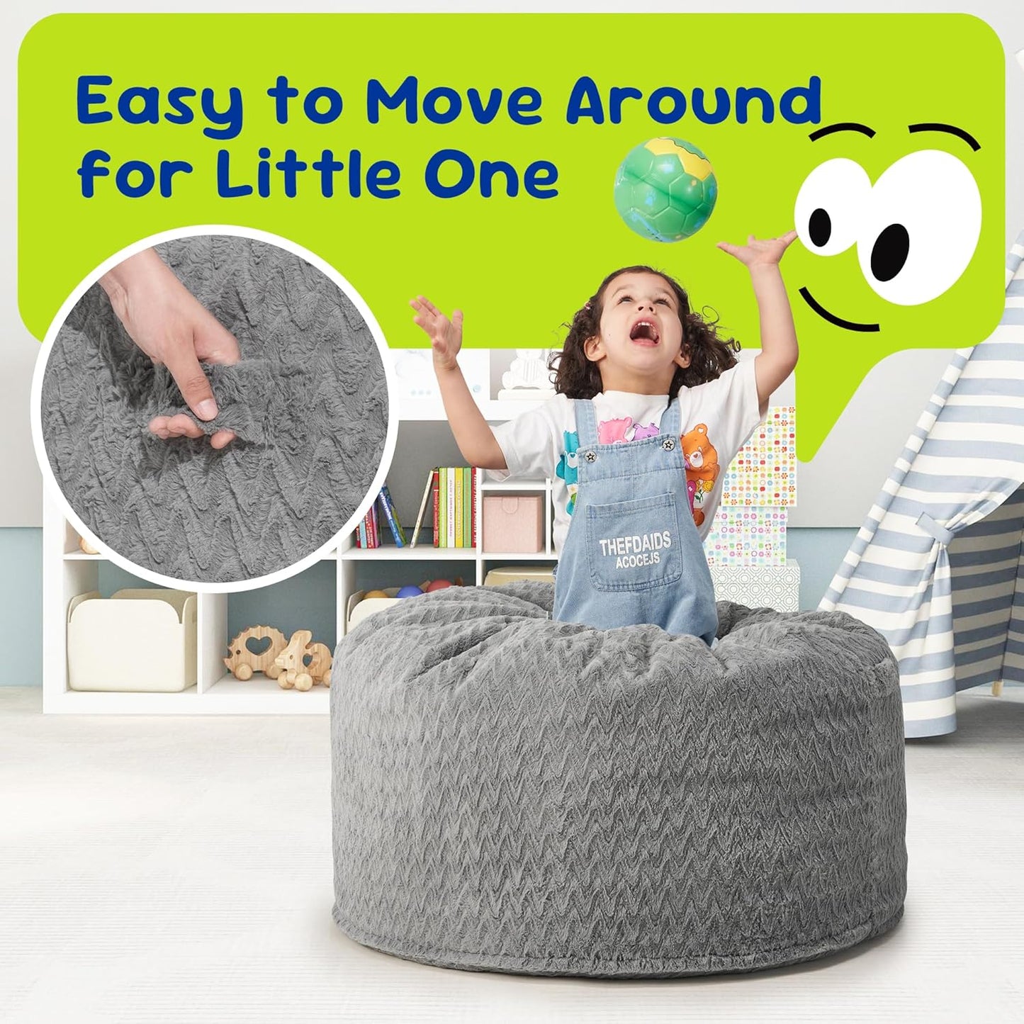 Hobestluk Bean Bag Chairs 2.5FT Bean Bag Chair with Memory Foam Filled & Chevron Plush Fur Cover Small Bean Bag Chairs for Playroom, Living Room, Bedroom (Grey)