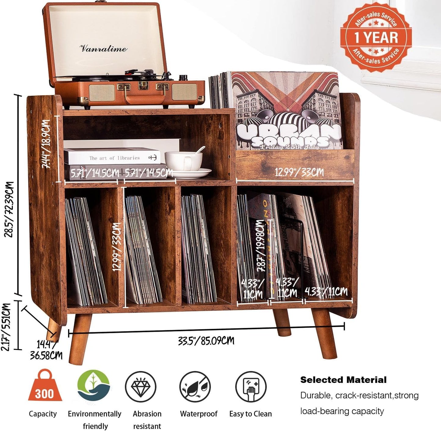 Record Player Stand, Large Record Player Table Cabinet with Open Vinyl Storage and Display Shelf Holds up to 350 Albums, Mid Century Wood Turntable for Living Room, Bedroom (Brown)