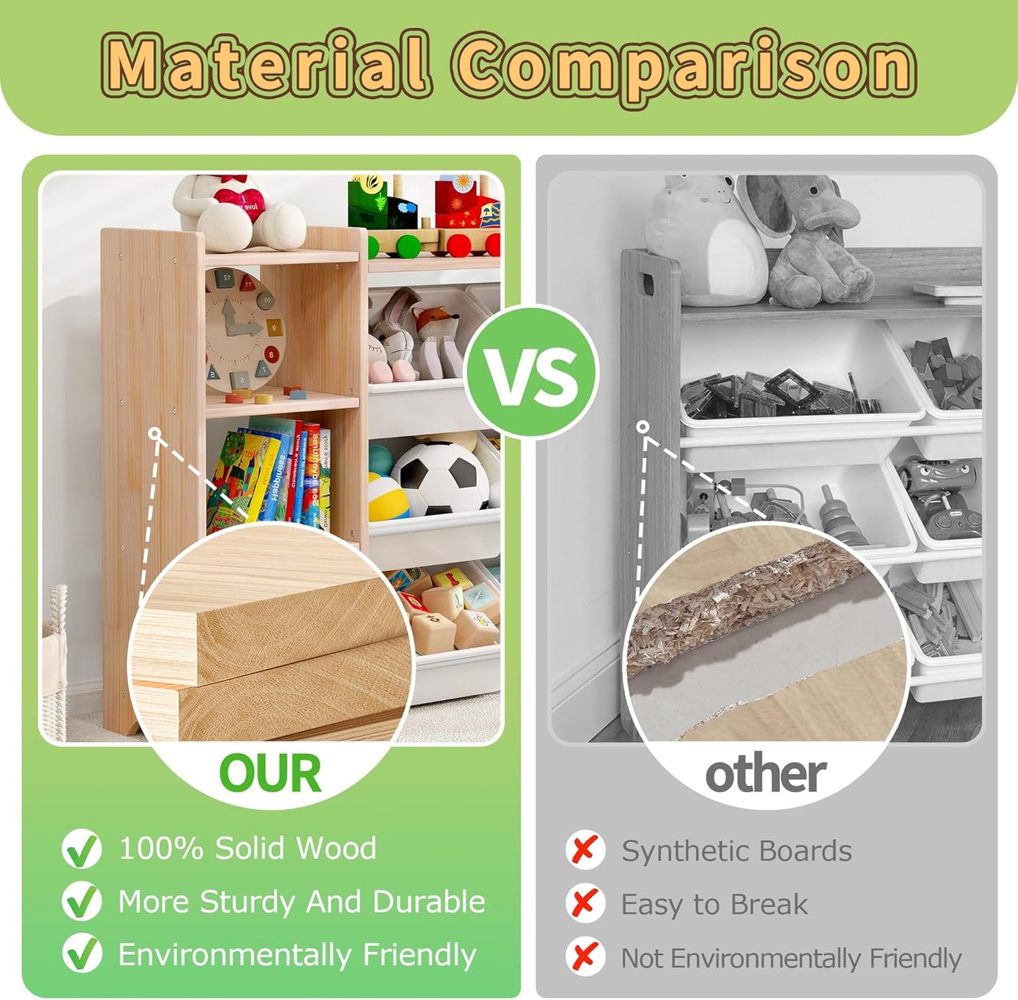 MallBest 4-Tier Kids' Toy Storage Organizer Shelf - 100% Solid Wood,Children's Storage Cabinet with 9 Plastic Bins and and 3 Storage Ports (Varnish-Single Color)