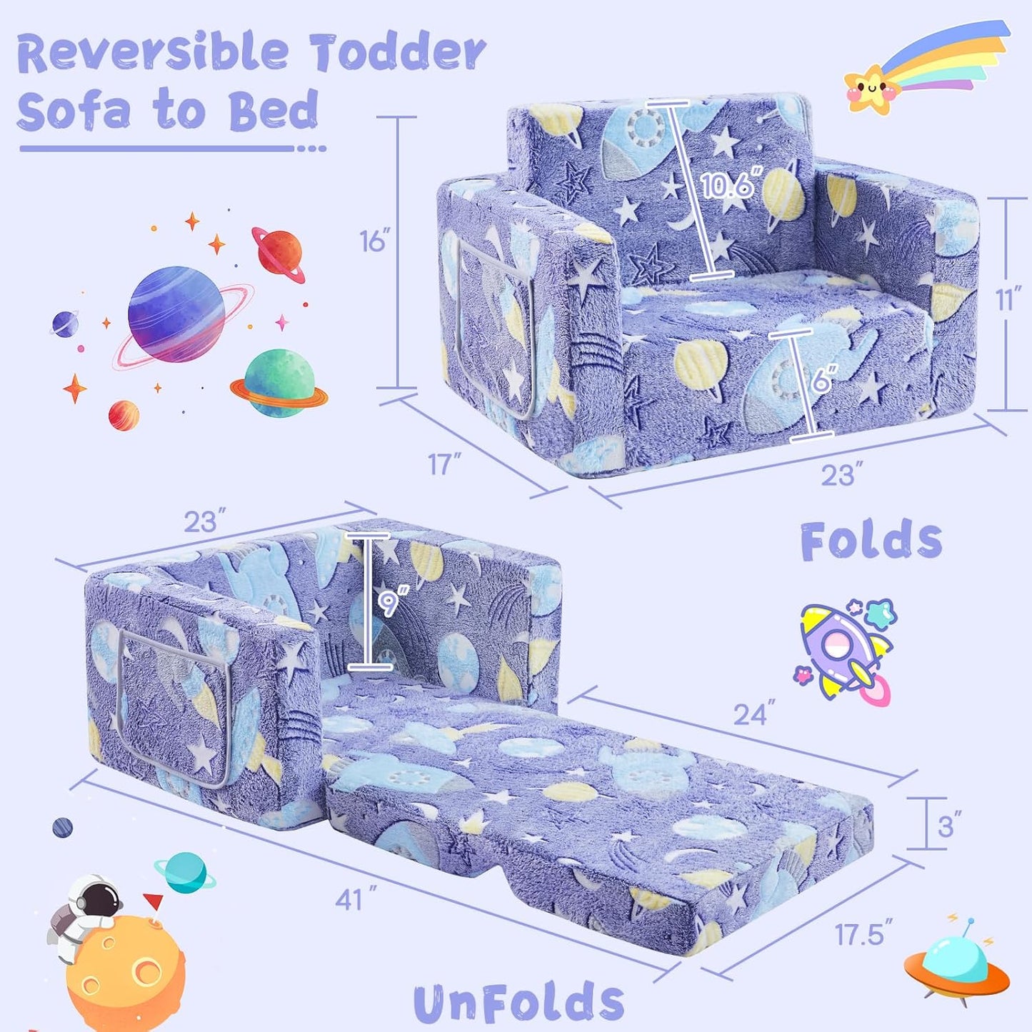 Toddler Chair Comfy,2-in-1 Soft Toddler Couch Fold Out for Kids,Convertible Sofa to Lounger,Gift for Girls and Boys Birthday,Universe