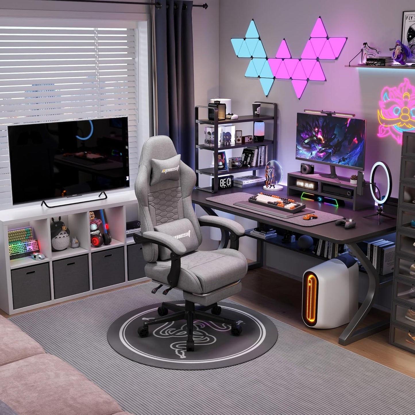 Gaming Chair, Computer Chairs for Adults with Lumbar Support and Massager, Comfortable Gamer Chair with Footrest & Pocket Spring Cushion, Ergonomic Home Office Chair, Grey, Fabric