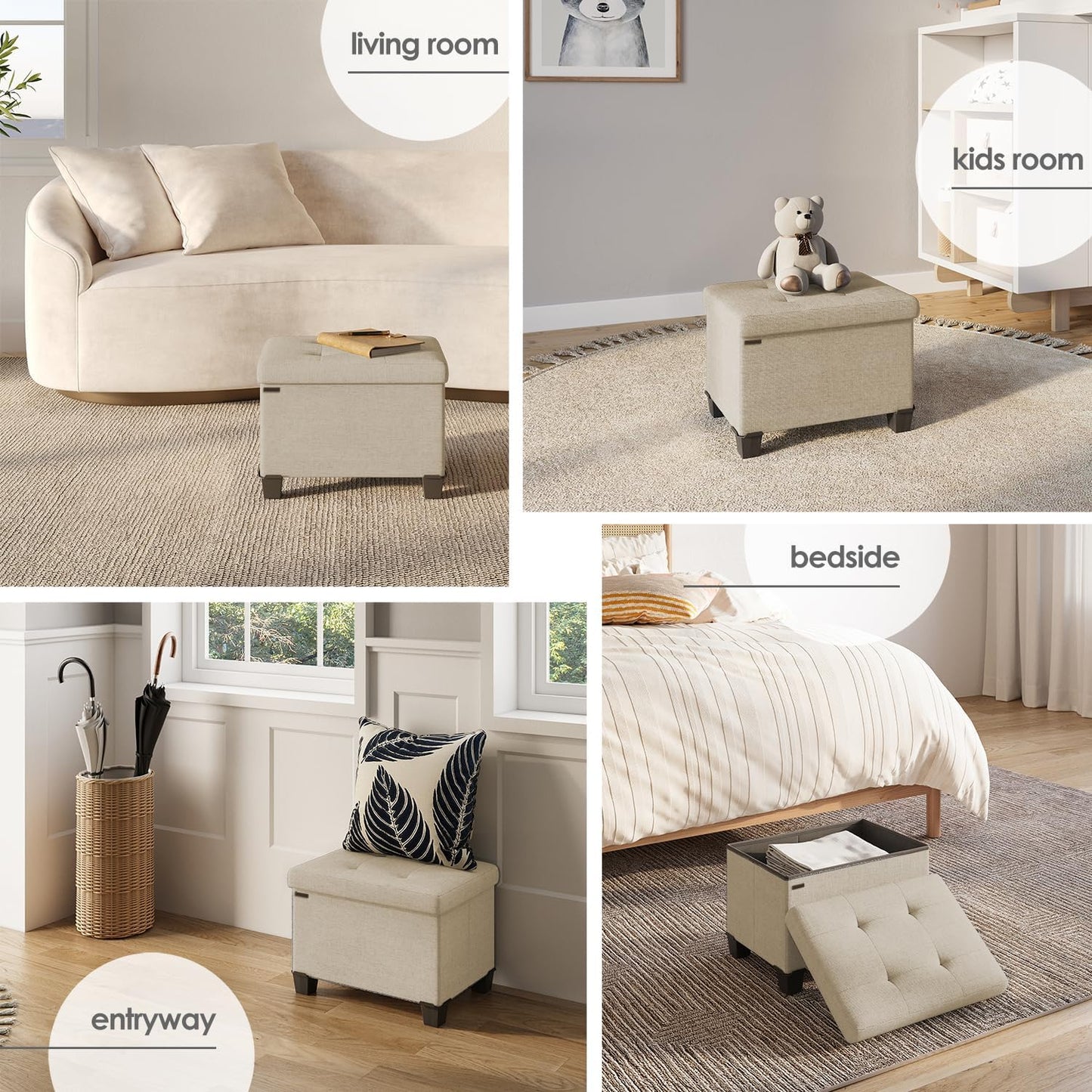 STORAGEBUD Storage Ottoman Cube with Small Bin, 16-in Square Ottoman with Storage for Living Room and Bedroom, Small Ottomans Foot Rest, Fabric Foot Stools Ottomans Max 330lbs, Beige