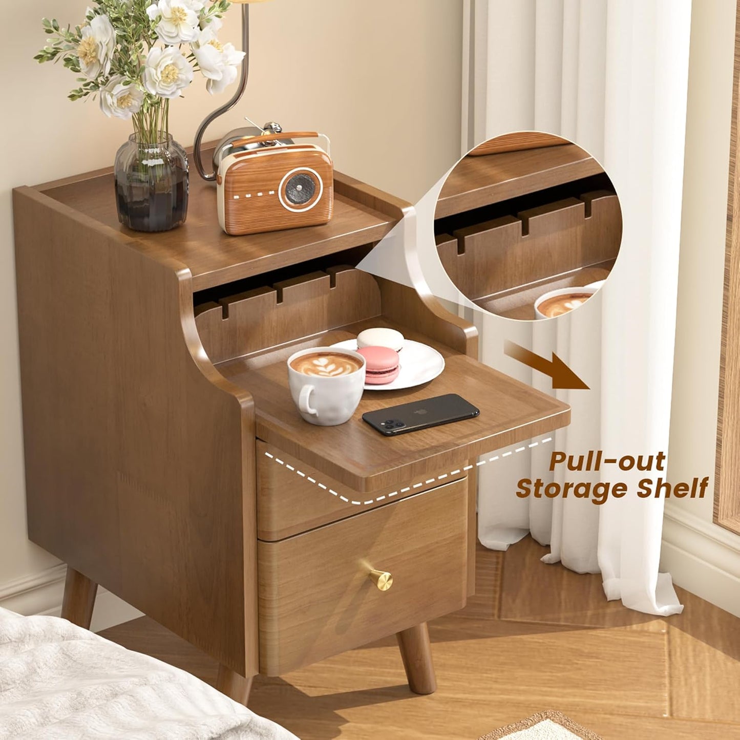 Narrow Nightstand, Solid Wood Night Stand with 2 Drawers, Walnut Mid Century Modern Nightstand, Small Beside Table with Open Storage Shelf for Bedroom（12 inch