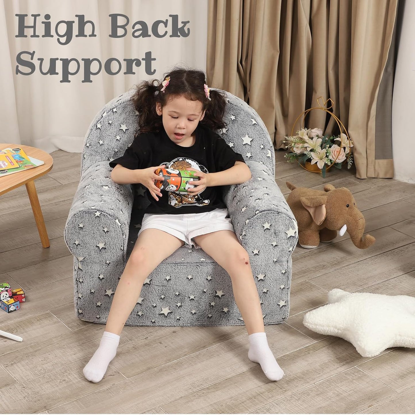 Little Star Kids Sofa with Star Throw Pillow, High Back Toddler Chair Glow in The Dark for Boys and Girls, Grey