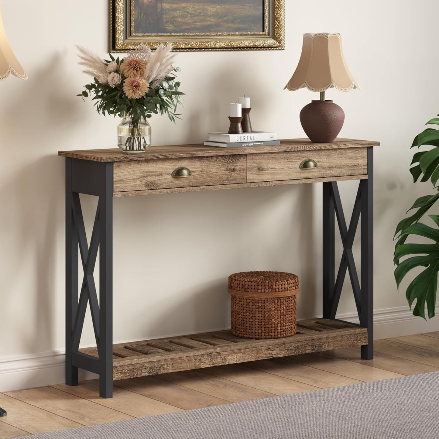 ChooChoo Farmhouse Console Table with Drawer for Entryway, Narrow Long Entry Table with Shelf for Living Room, Rustic Vintage Hallway Sofa Table with Stable X Supports, 40 Rustic Oak & Black