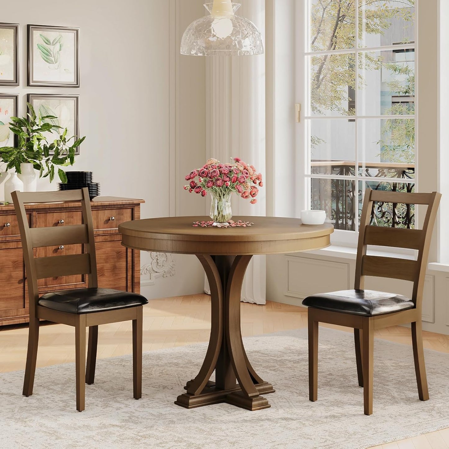 COLAMY Farmhouse Dining Chairs Set of 2, Upholstered Kitchen Chairs with Ladder Back, Modern Wood Side Dining Room Chairs with Wooden Legs for Rustic Restaurant, Dark Brown