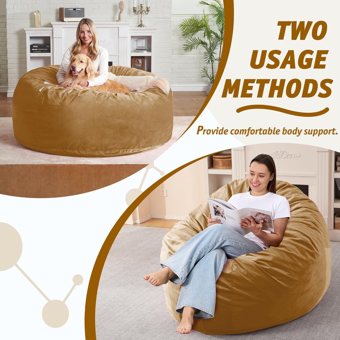 4FT Bean Bag Chair with Ultra Soft Velvet Cover Bean Bag Sofa with Memory Foam Bean Bag Chairs with Large Size Lazy Sofa for Dorm Office Living Room Bedroom Camel 4'