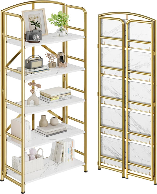 No-Assembly Folding Gold Bookshelf Storage Shelves 5 Tiers Vintage Multifunctional Plant Flower Stand Storage Rack Shelves Bookcase for Home Office