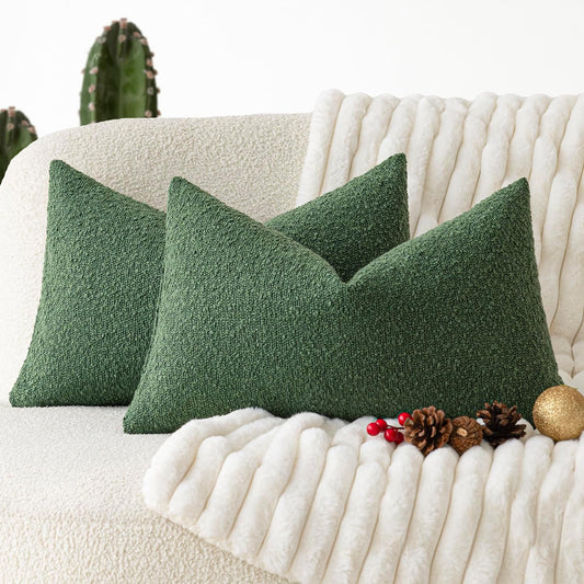 Foindtower Pack of 2 Textured Boucle Throw Pillow Covers Accent Solid Decorative Lumbar Pillow Cases Cozy Couch Cushion Case for Chair Sofa Bed Living Room Home Decor 12 x 20 Inch Hunter Green