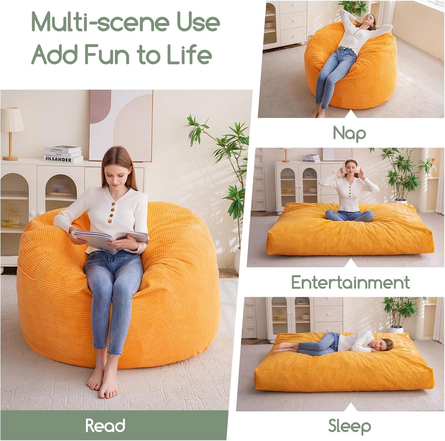 Giant Bean Bag Chair Bed for Adults,Convertible Beanbag Folds from Lazy Chair to Floor Mattress Bed,Large Floor Sofa Couch for Adult,Couples,Family,High-Density Foam Filling, Machine Washable, Orange